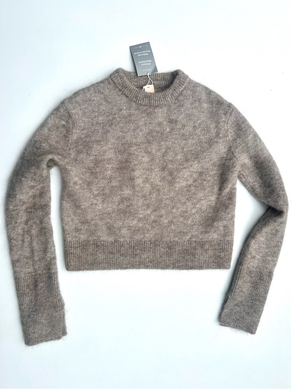 NWT H&M Mohair Wool Cozy Crop Crewneck Sweater in Melange Taupe, S